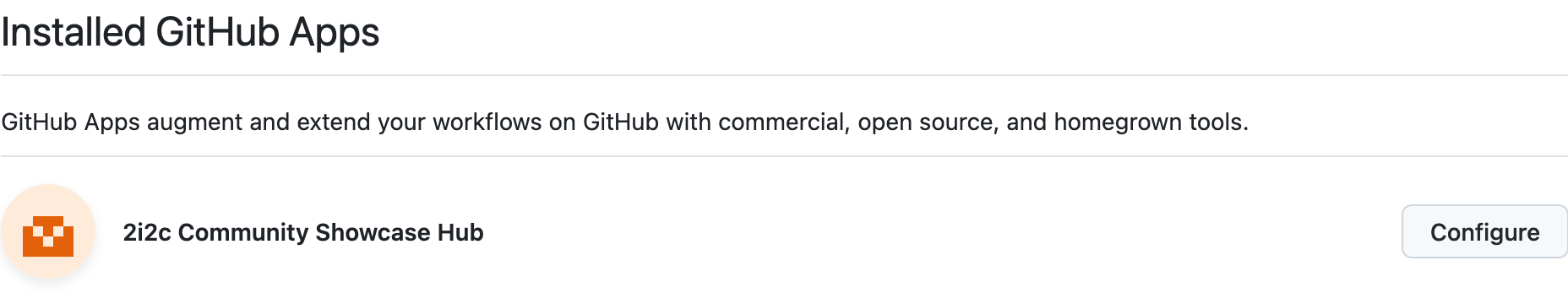 Screenshot of the Installed GitHub Apps section showing a list of installed apps, namely the 2i2c Community Showcase Hub GitHub App.